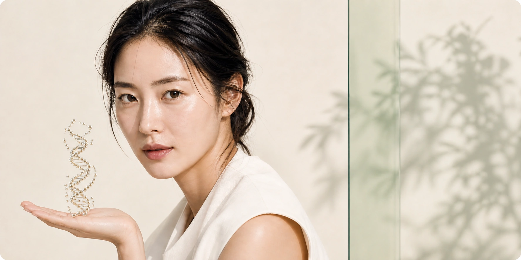 Korean skincare model presenting a DNA-inspired sculpture above her palm