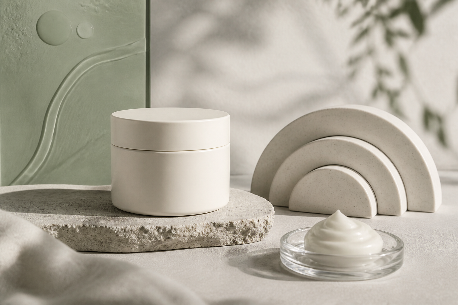 Anonymous ivory barrier cream jar with cream dish and layered ceramic arcs