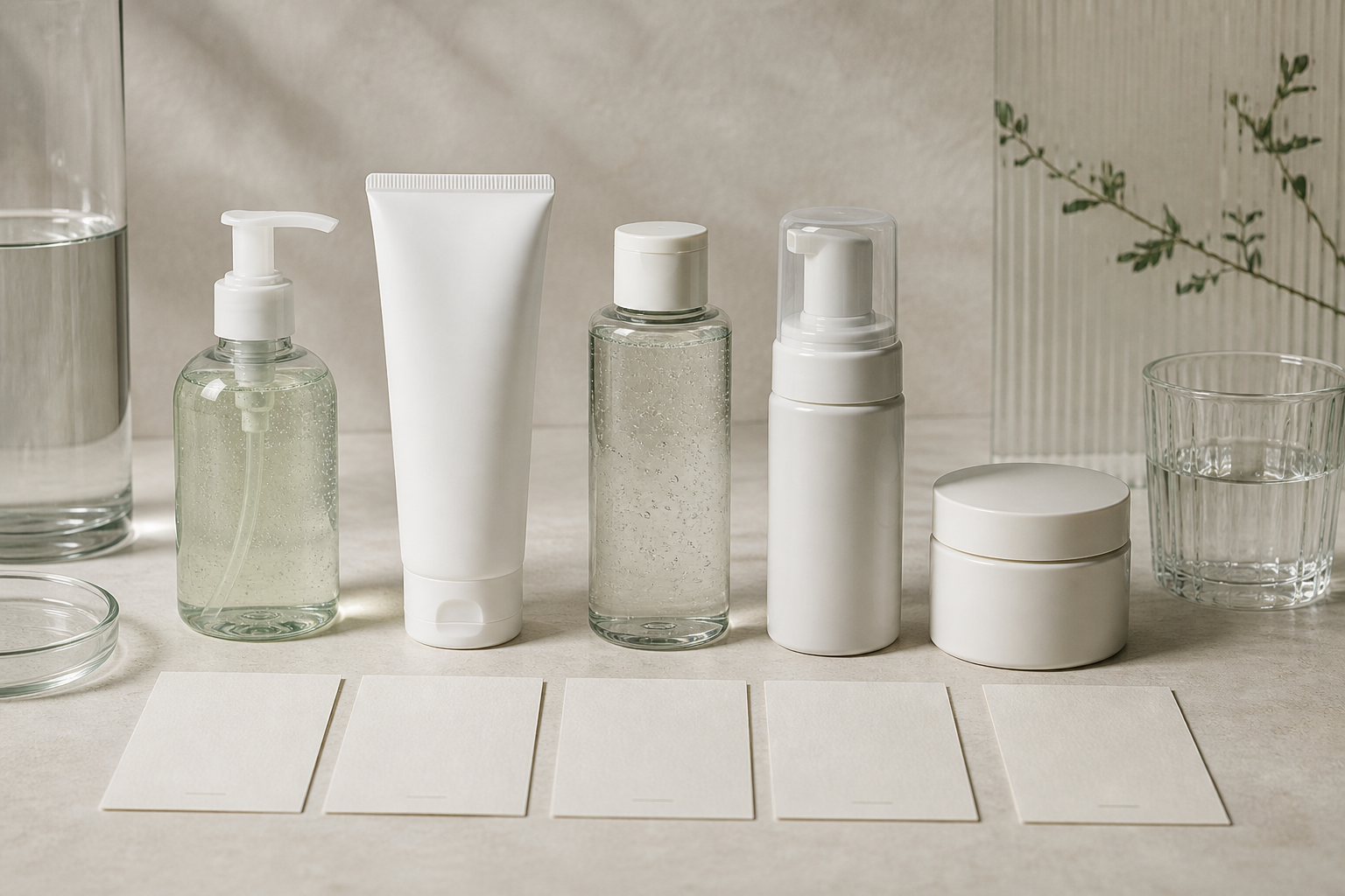 Five anonymous cleanser formats arranged with water glass elements and blank evaluation cards