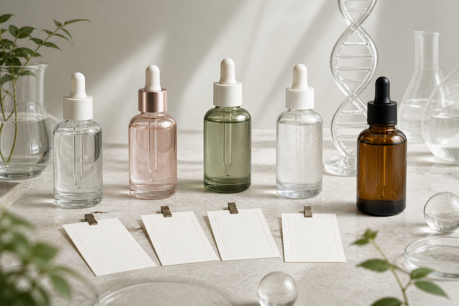 Five anonymous serum bottles arranged with blank evidence cards and glass DNA motifs