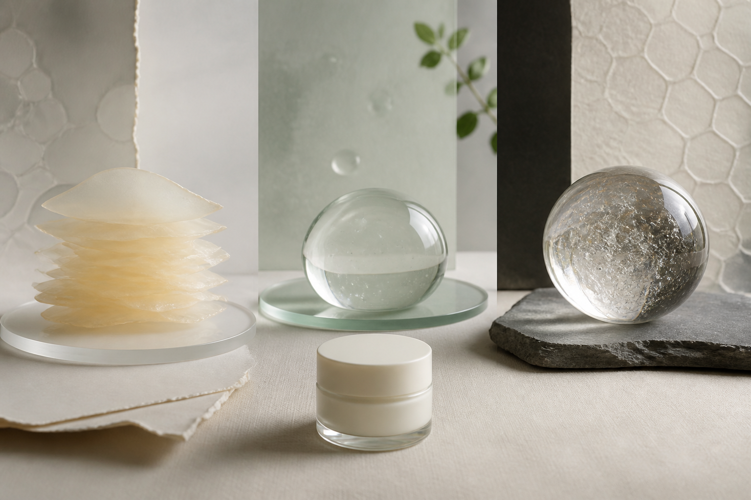Three equal abstract material forms representing layered, hydrating, and protective formula roles