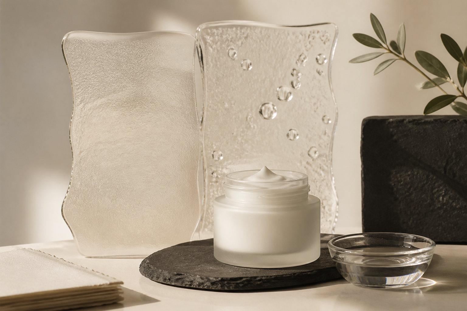 Two translucent textured panels, moisturizer jar, and water dish illustrating overlapping dry and dehydrated routine needs