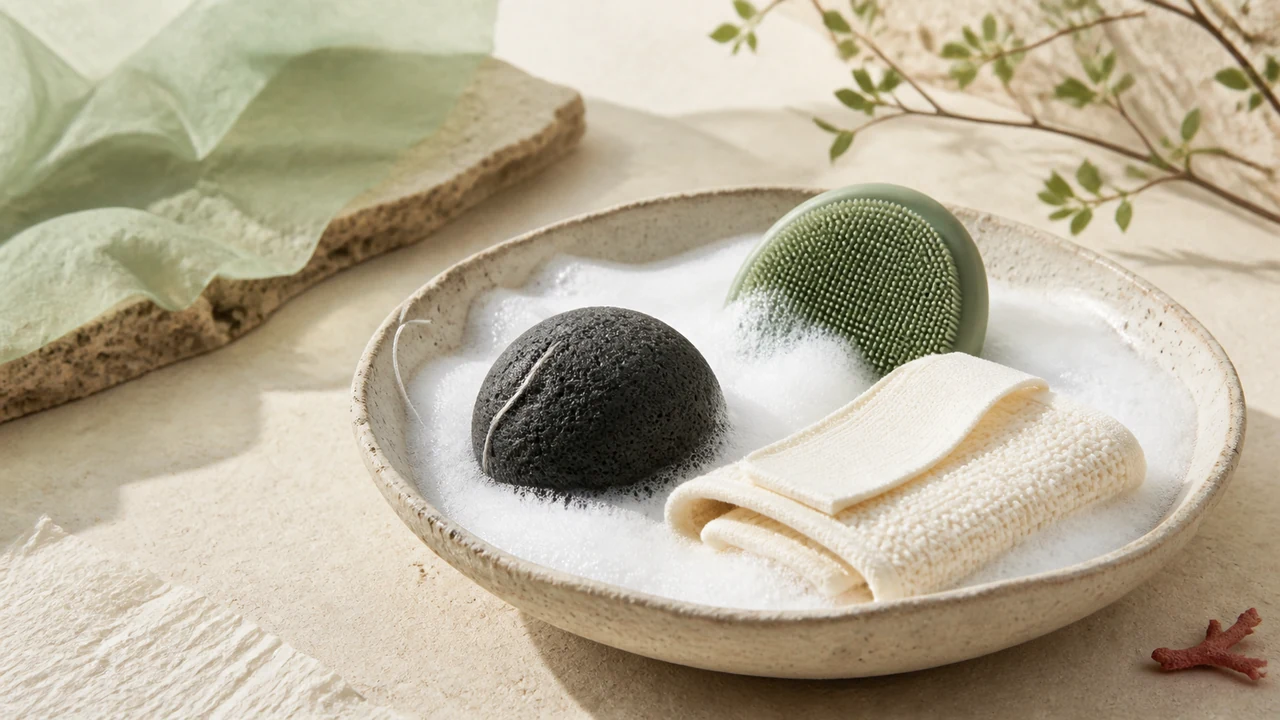 Konjac sponge, silicone cleansing pad and soft wash band arranged beside fine foam