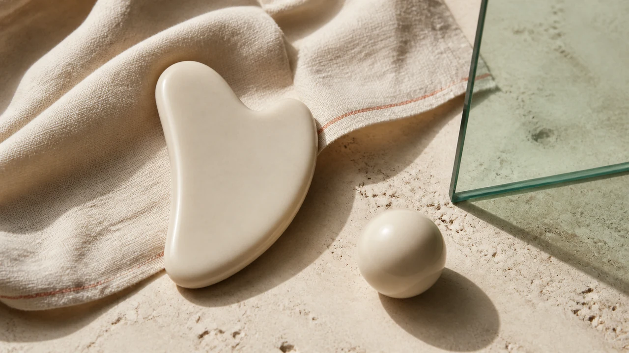 Ceramic gua sha and smooth massage sphere arranged on linen and warm ivory stone