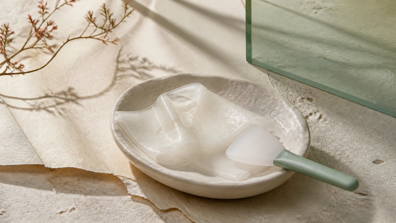 Folded translucent facial mask beside a ceramic dish and silicone spatula
