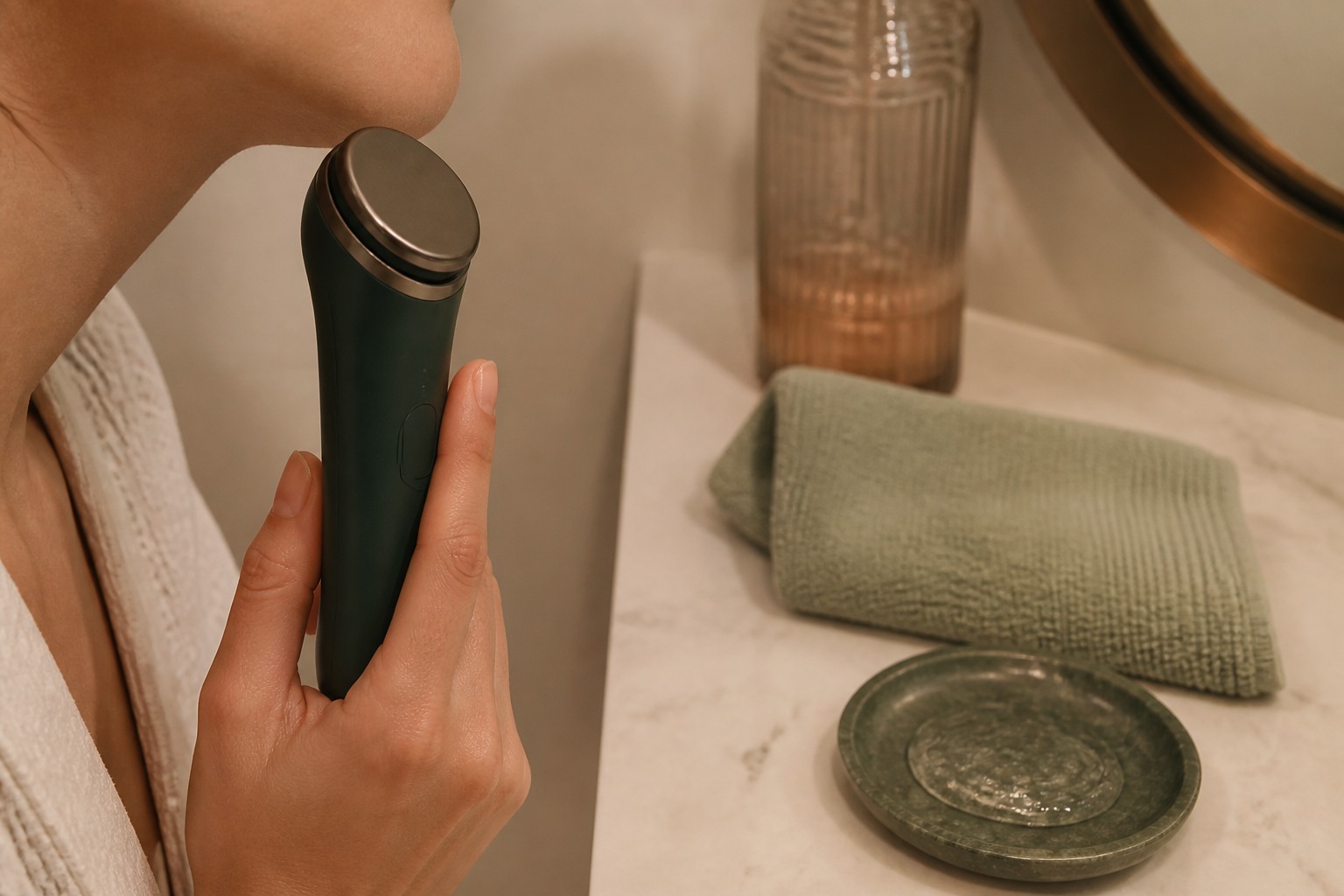 Unbranded editorial concept showing a careful at-home device routine