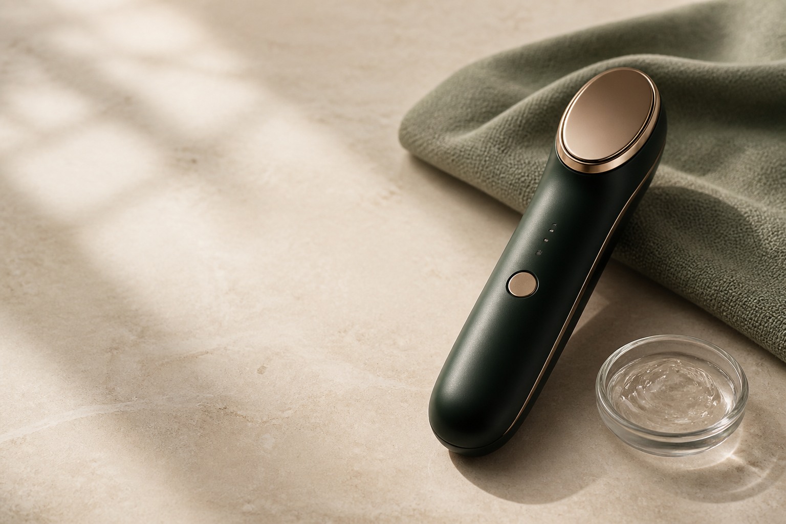 Unbranded editorial concept of a premium handheld skincare device