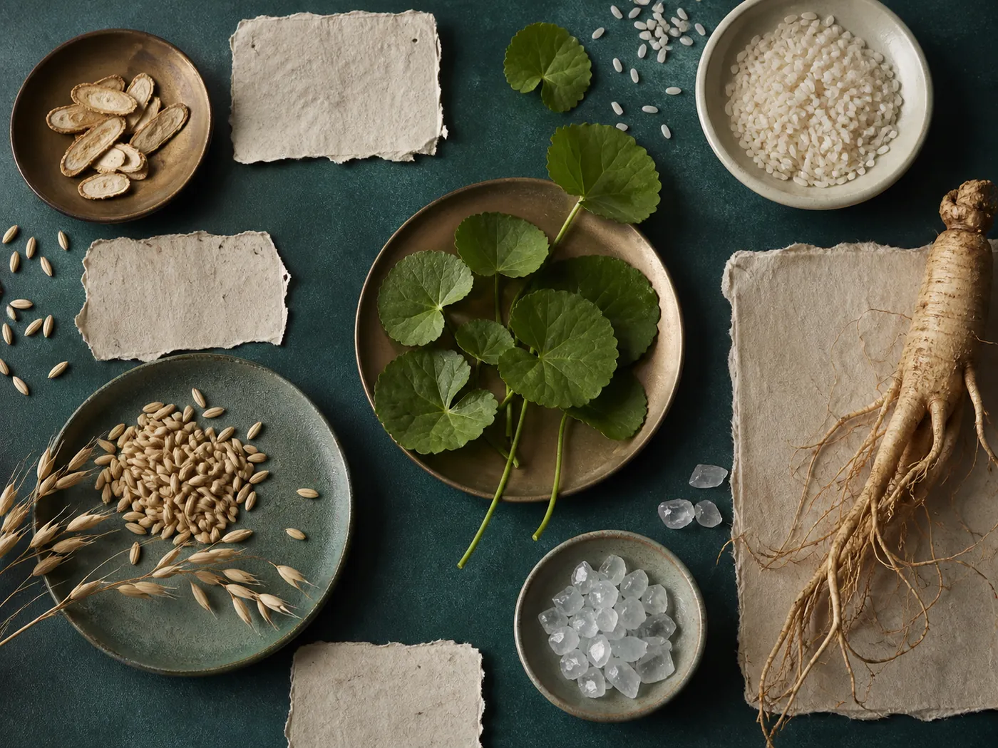 Centella leaves, grains, roots and mineral samples arranged as a botanical research table