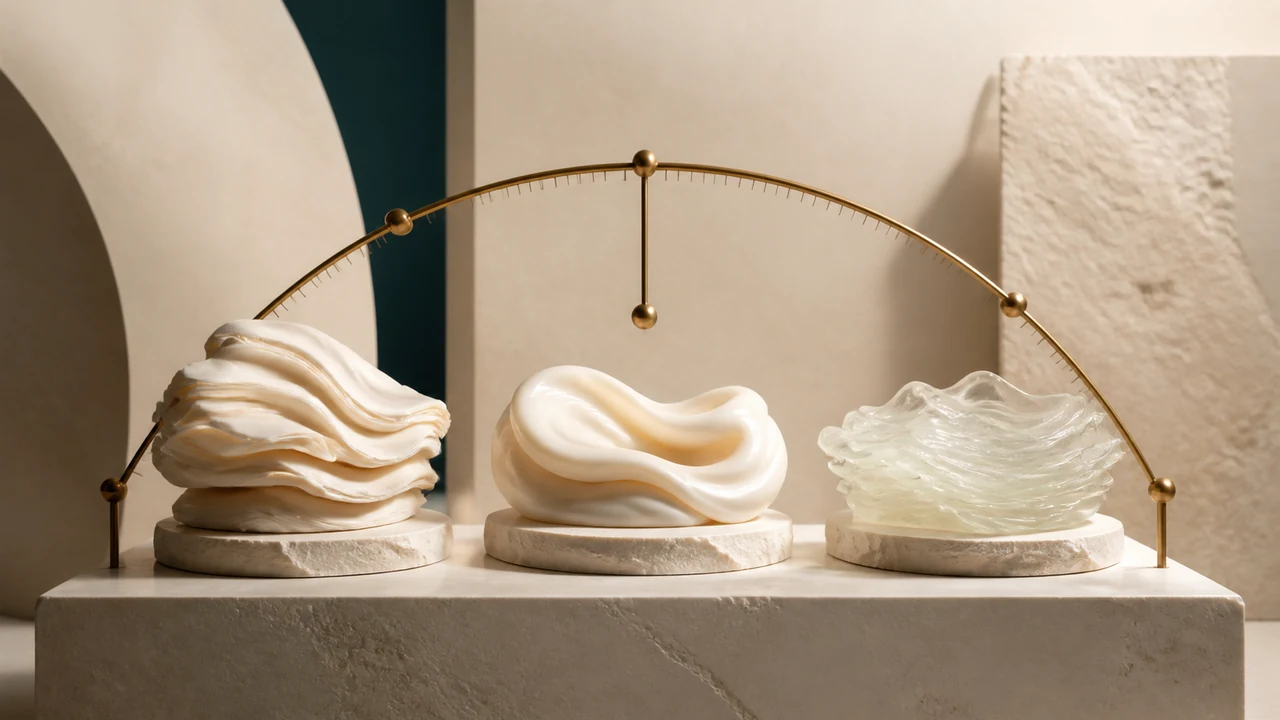 Three ivory ceramic and translucent cream structures arranged beneath a bronze measuring arc