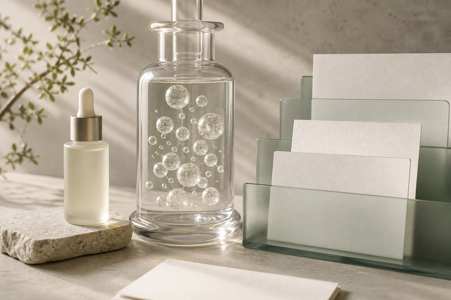 Unbranded serum beside contained translucent vesicle forms and tiered blank evidence cards