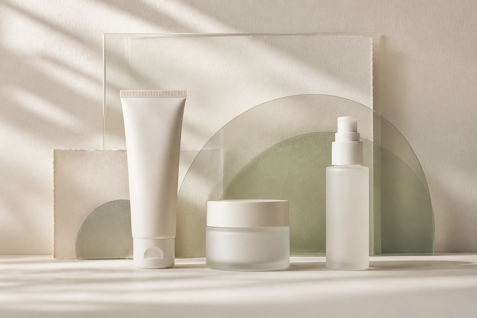 Three unbranded cleanser, moisturizer, and sunscreen containers arranged before layered sage barrier forms