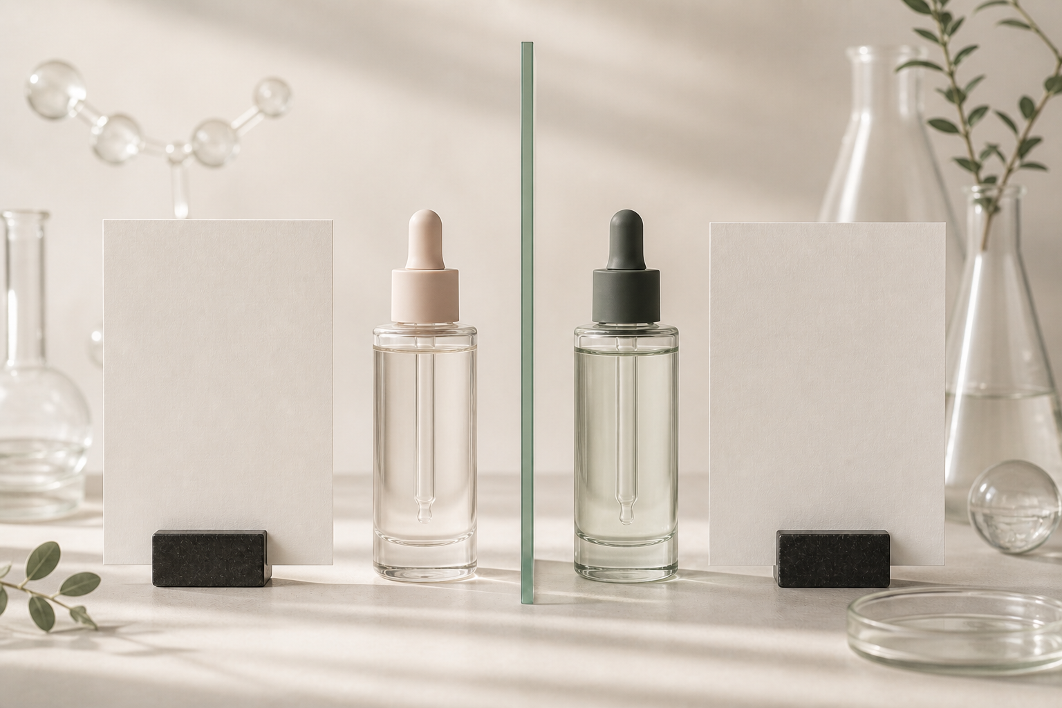 Two equal anonymous ampoule bottles separated by a sage glass divider and paired with blank evidence cards