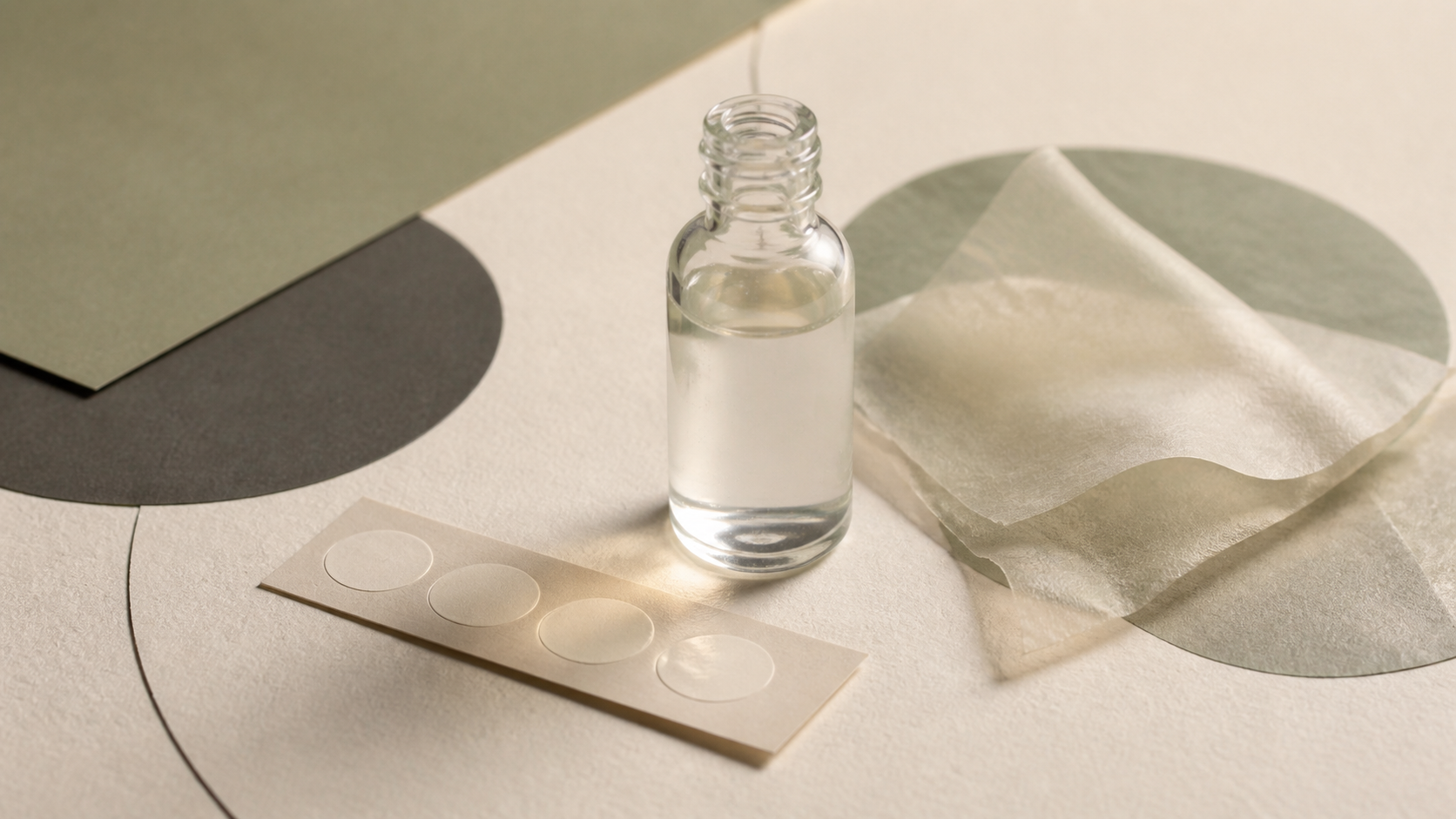 Unbranded glass skincare bottle beside blank circular testing cards on a calm ivory and sage editorial surface