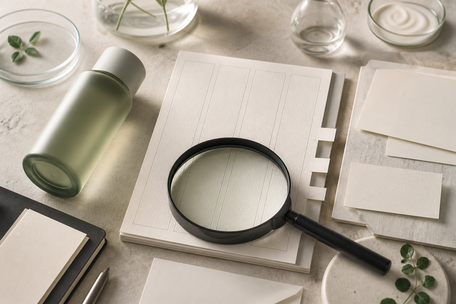Magnifying lens over a blank structured ingredient sheet beside an anonymous skincare bottle