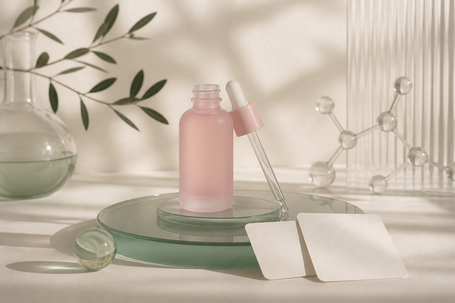 Anonymous blush serum bottle with glass dropper, evidence cards, and subtle molecular forms