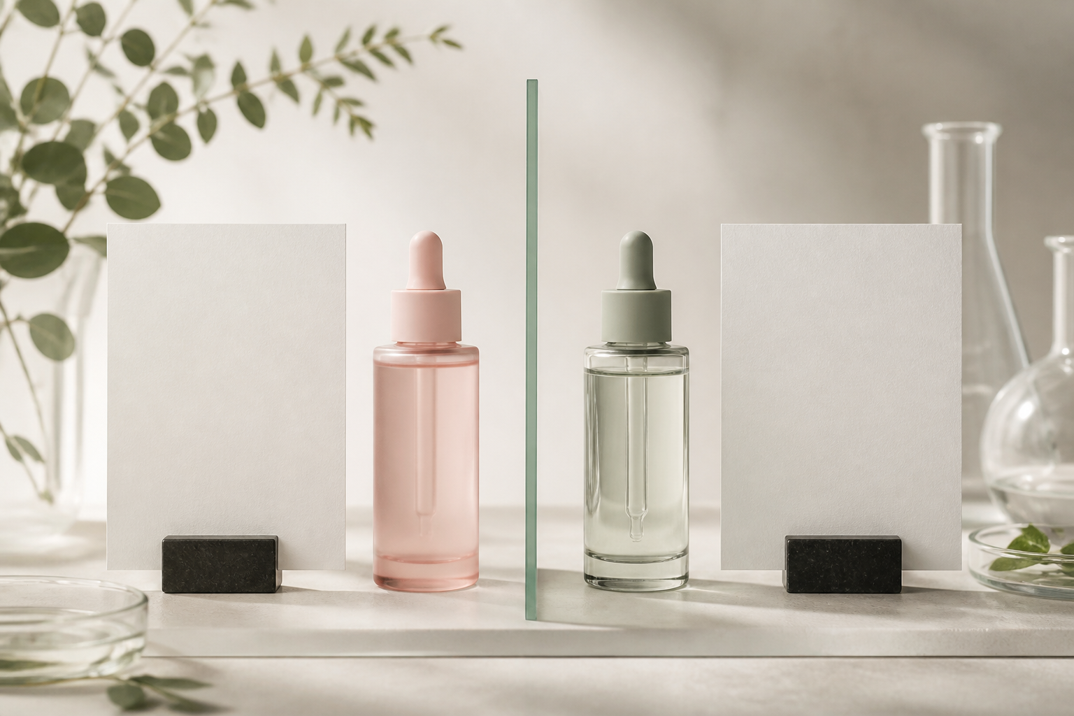 Two anonymous serum bottles balanced across a sage glass divider with blank comparison cards