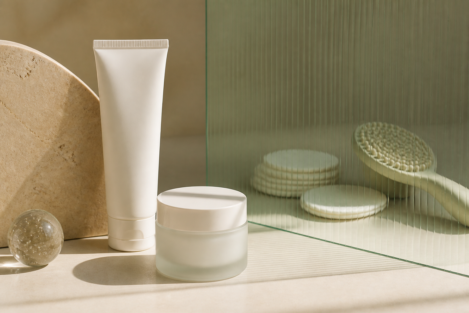 Gentle cleanser and moisturizer separated from exfoliating tools by a muted sage glass divider
