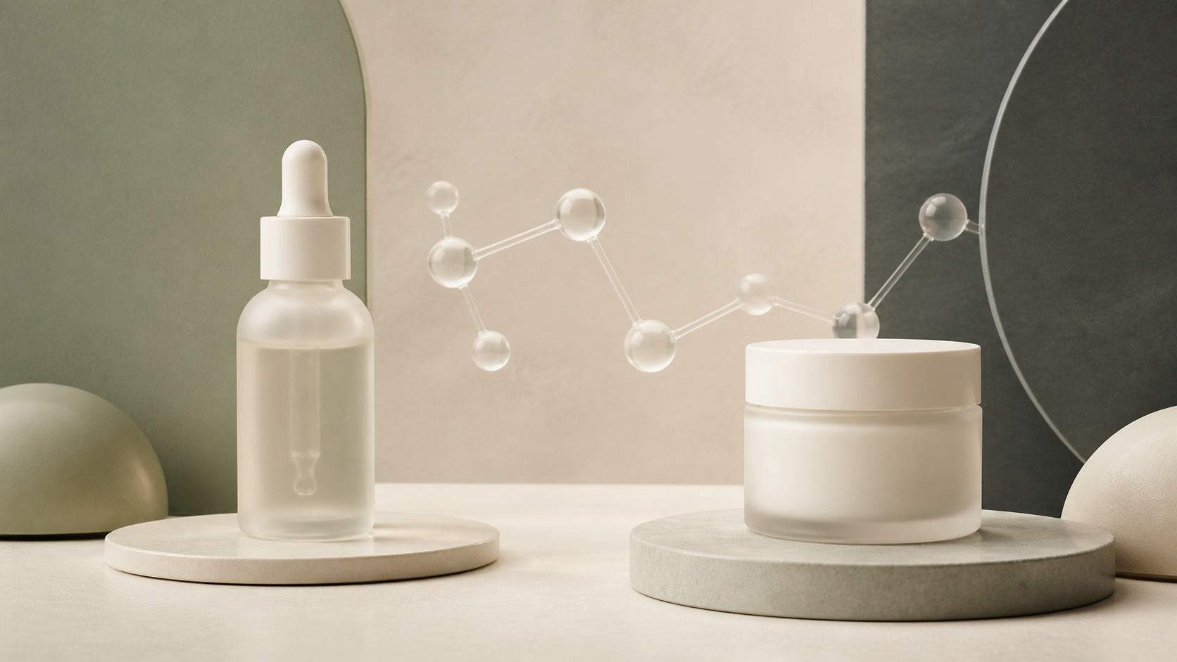 Unbranded serum dropper and cream jar balanced equally in an editorial skincare format comparison