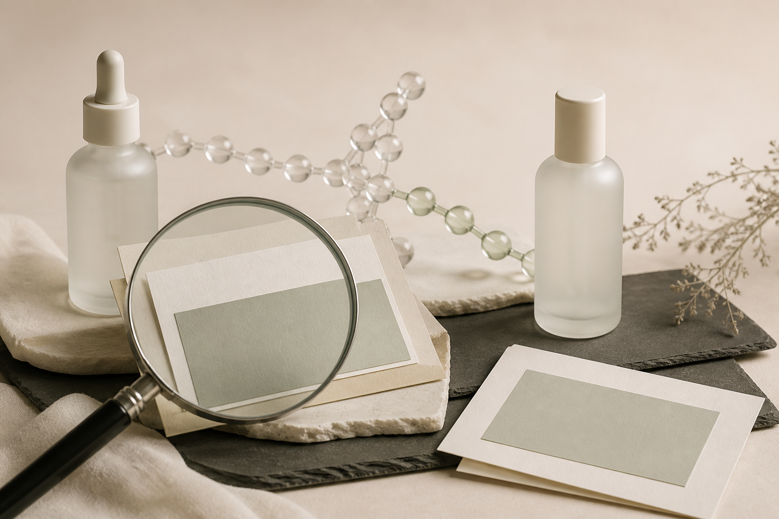 Two unbranded skincare bottles with blank ingredient cards and a magnifying lens for terminology comparison