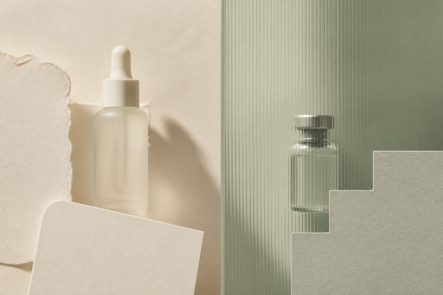 Topical serum and sealed clinical vial separated by a thick translucent sage evidence divider