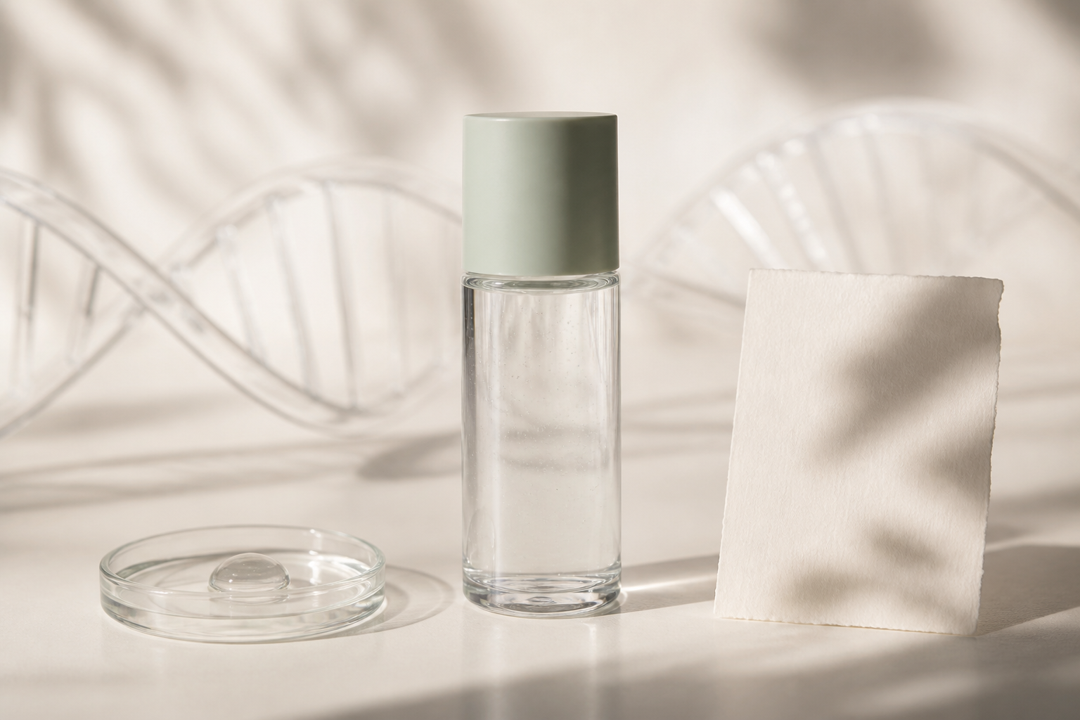 Anonymous clear essence bottle with muted sage cap, water dish, and blank formula card