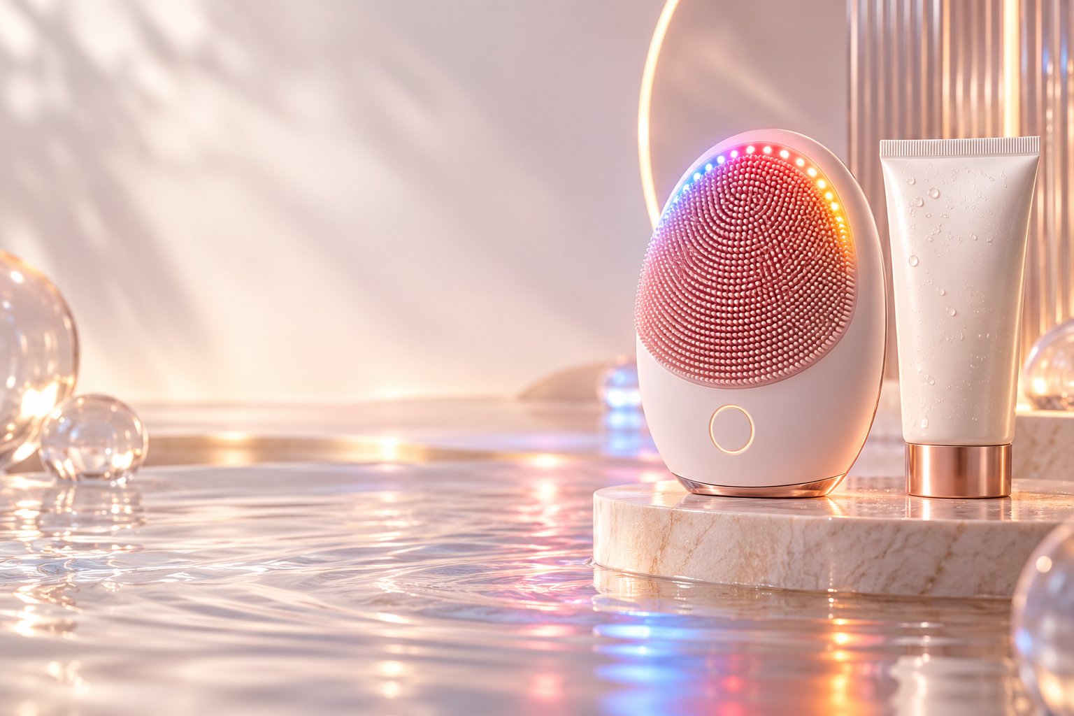 Illustrative premium facial cleansing device with soft pink and blue LED glow