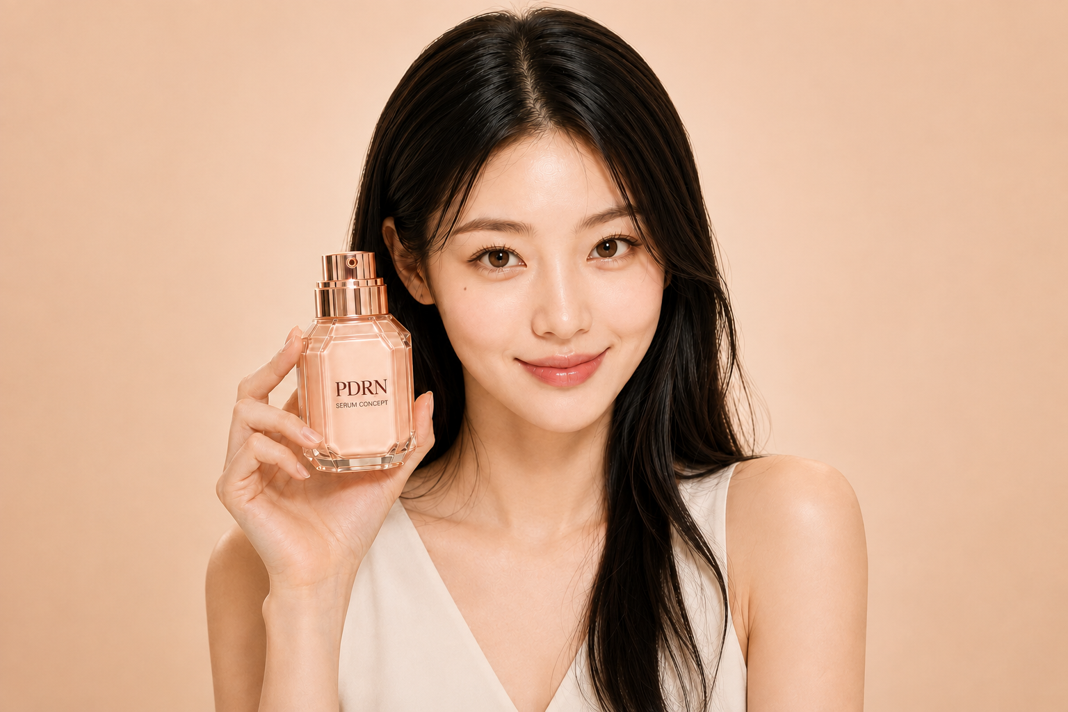 AI-generated Korean model holding PDRN concept packaging